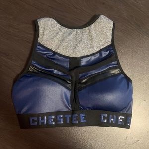 The Chestee Navy Blue and Gray High Neck Sports Bra sz 6 Collarbone Padding